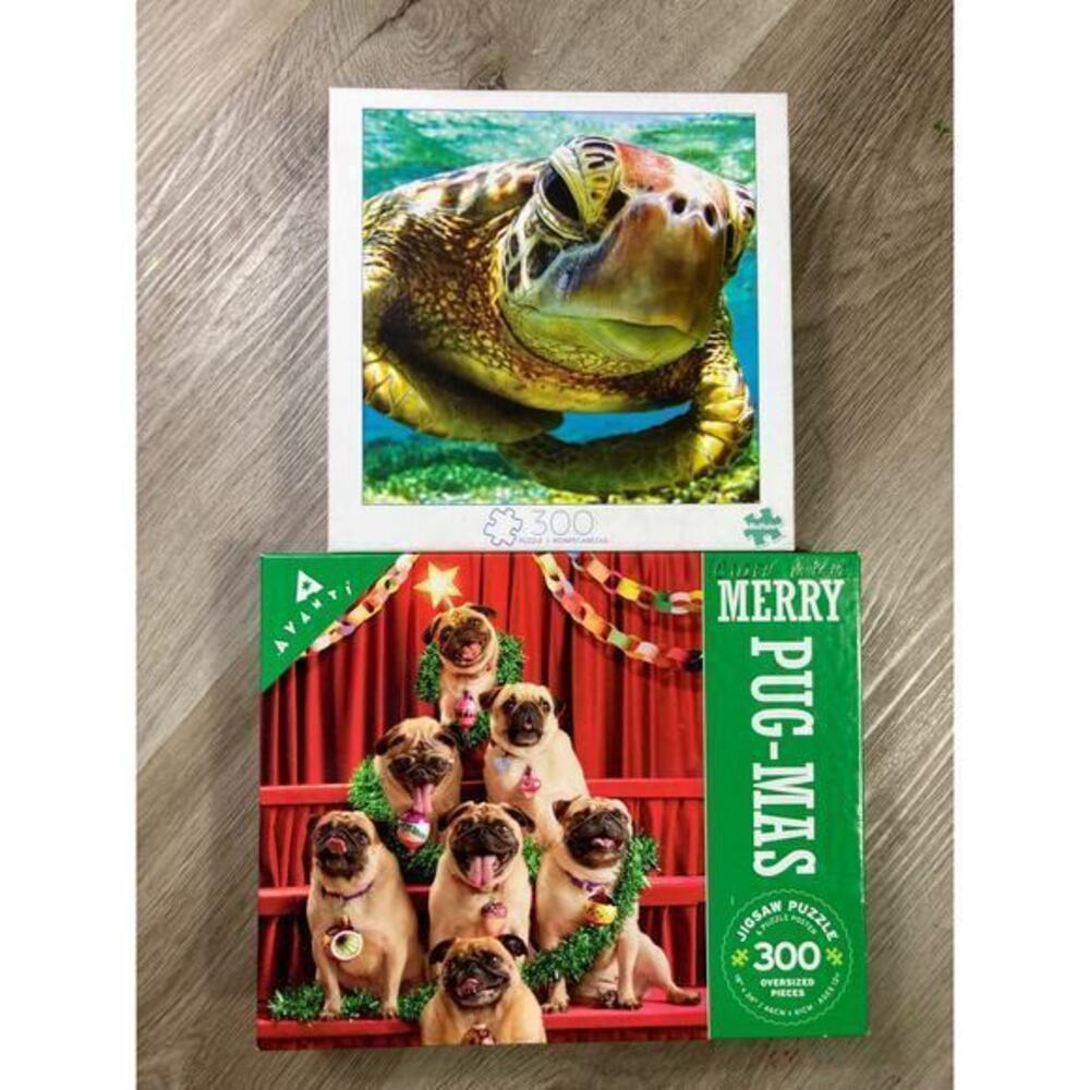 Jigsaw Puzzle Bundle Set‎ of 2 300 Piece Christmas & Sea Turtle Pug-Mas Theme